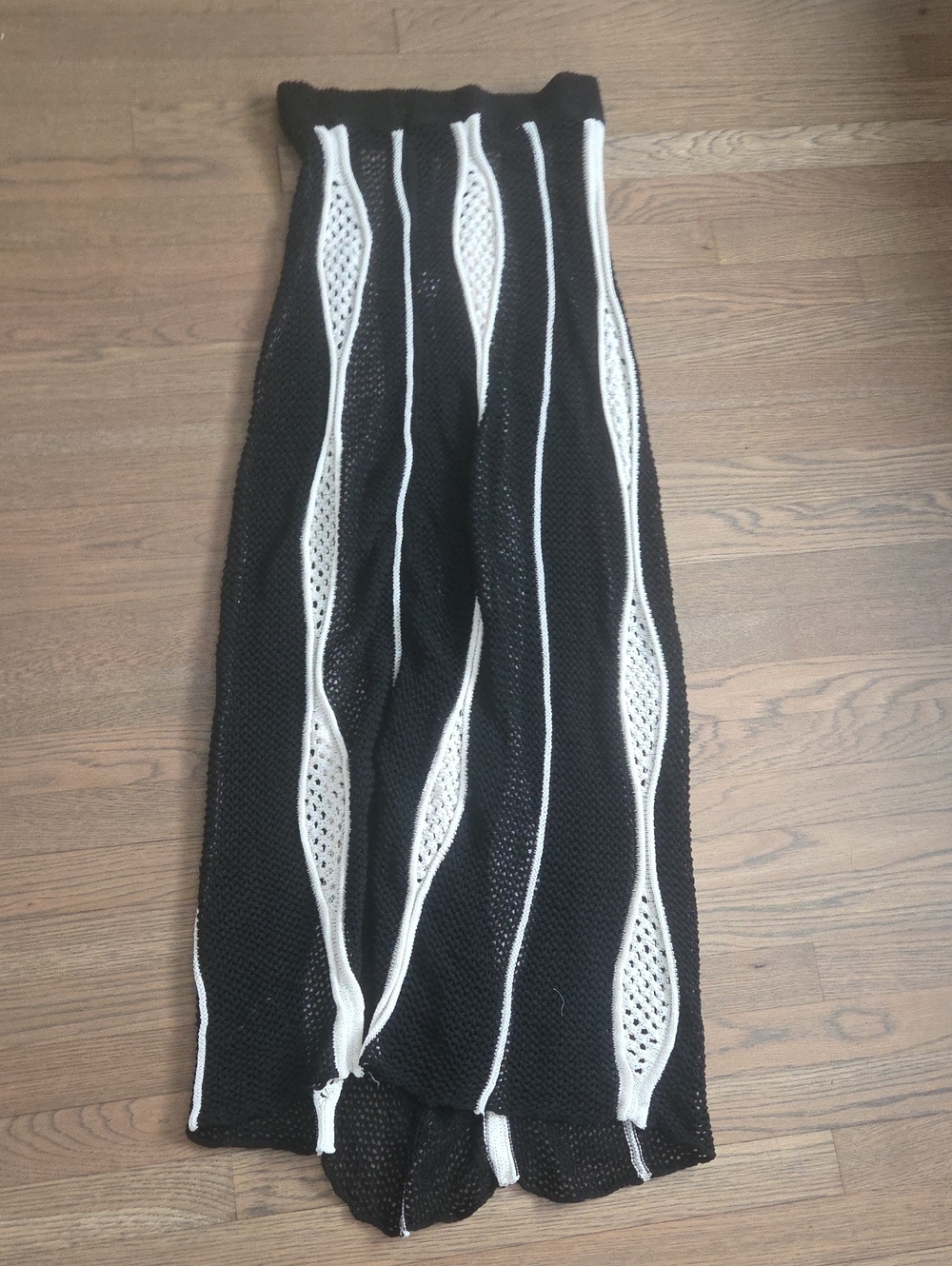 Black Knit Maxi Skirt with White Vertical Detailing